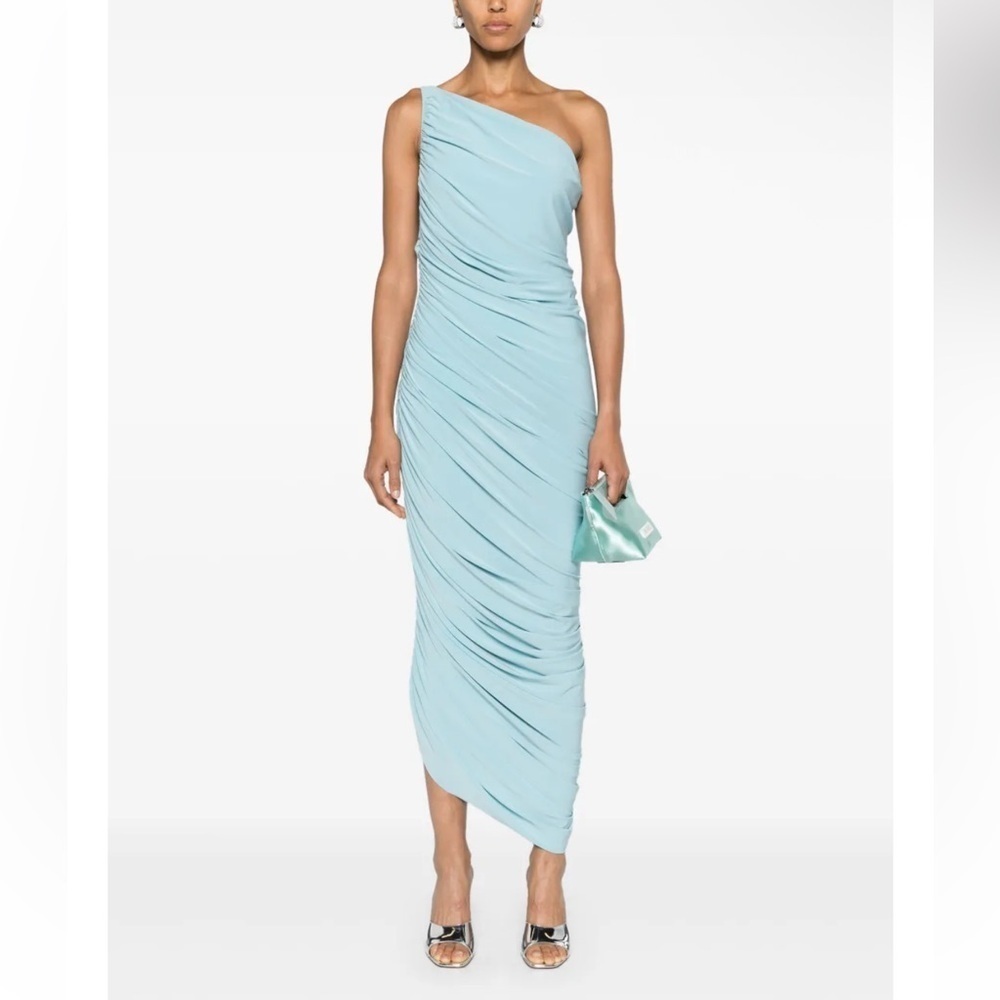 Norma Kamali Diana one-shoulder gown Powder Blue Dress midi drape Revolve XS